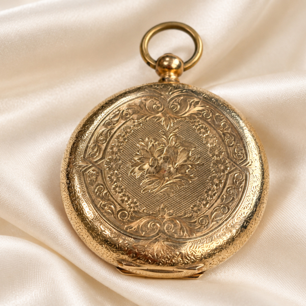antique Victorian 14ct gold pocket watch with winding key, for sale in Leeds, showing the back of the piece