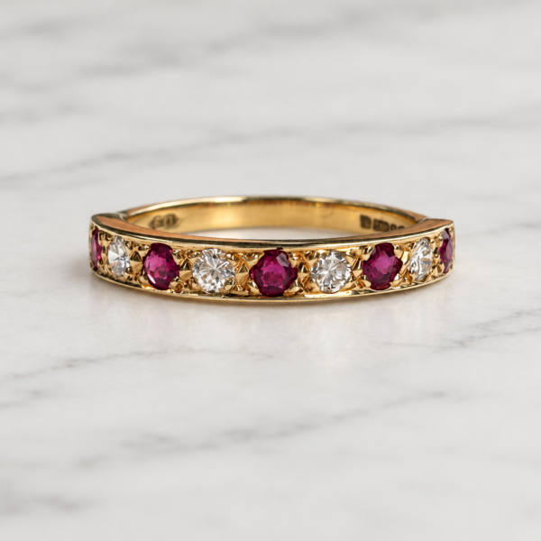 vintage ruby and diamond half eternity ring in 18ct yellow gold for sale in Leeds