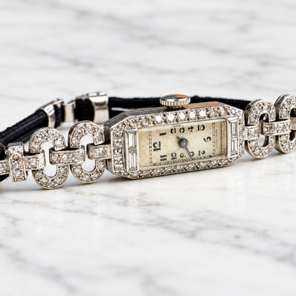 antique Art Deco diamond watch in 9ct white gold, displayed on marble