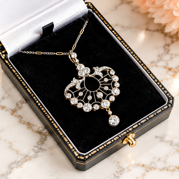 antique Edwardian era diamond pendant on a mixed metal chain for sale in Leeds, shown in a black box