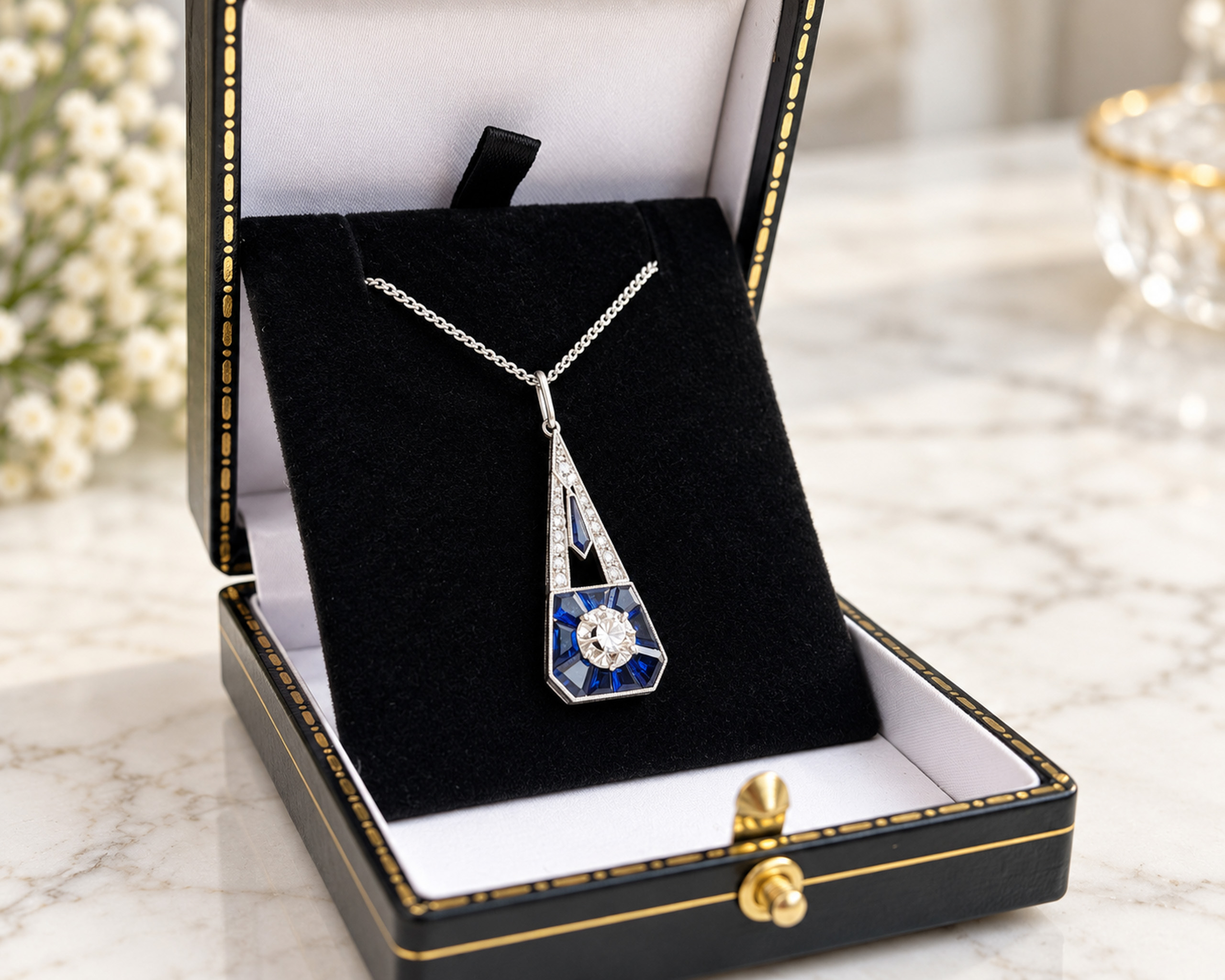 Art Deco Sapphire Pendant in Luxury Box (1)