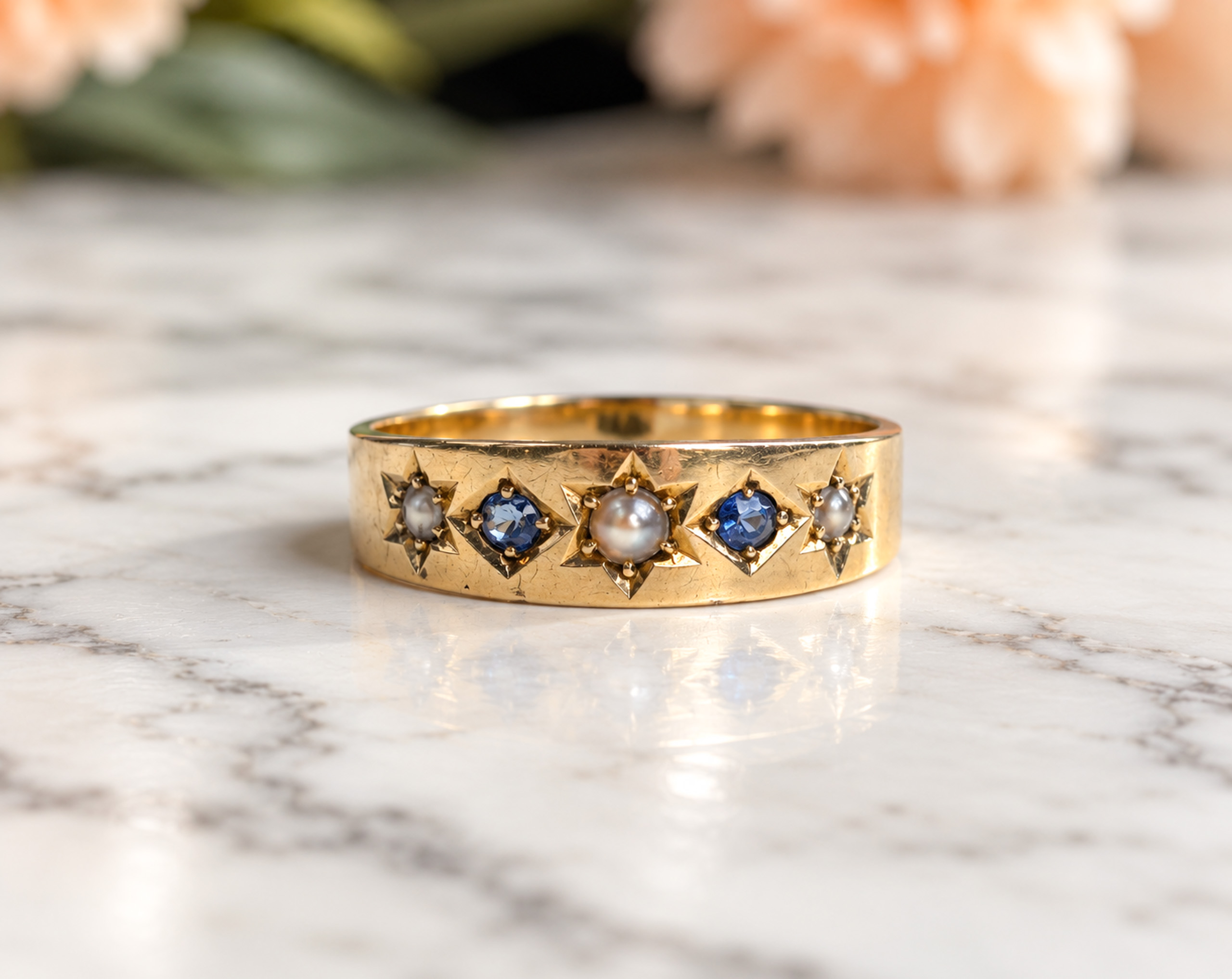 Edwardian celestial ring sapphire and seed pearl