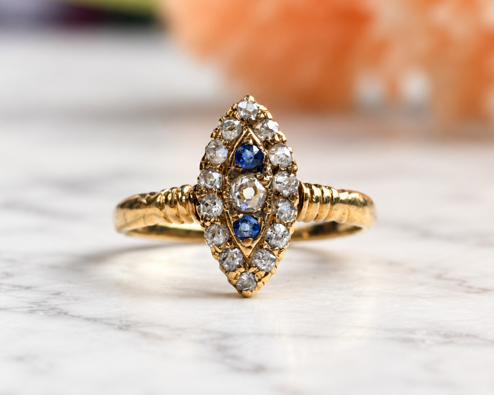 Victorian navette ring front antique Victorian sapphire and old cut diamond navette ring in gold for sale in Leeds