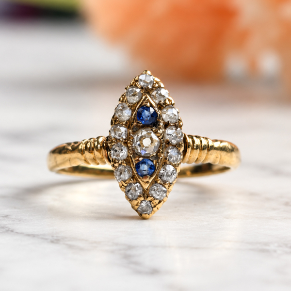 antique Victorian sapphire and old cut diamond navette ring in gold for sale in Leeds