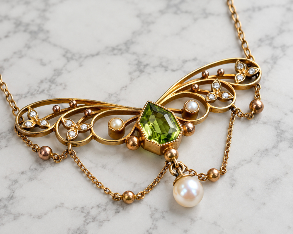 Art nouveau peridot and seed pearl necklace in 9ct yellow gold