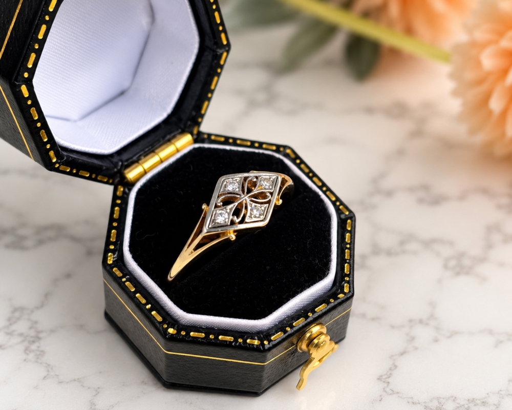 antique Art Deco diamond plaque ring for sale in Leeds in box