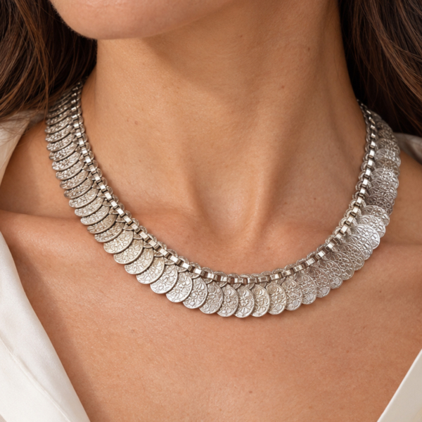 vintage silver coin necklace on a model's neck