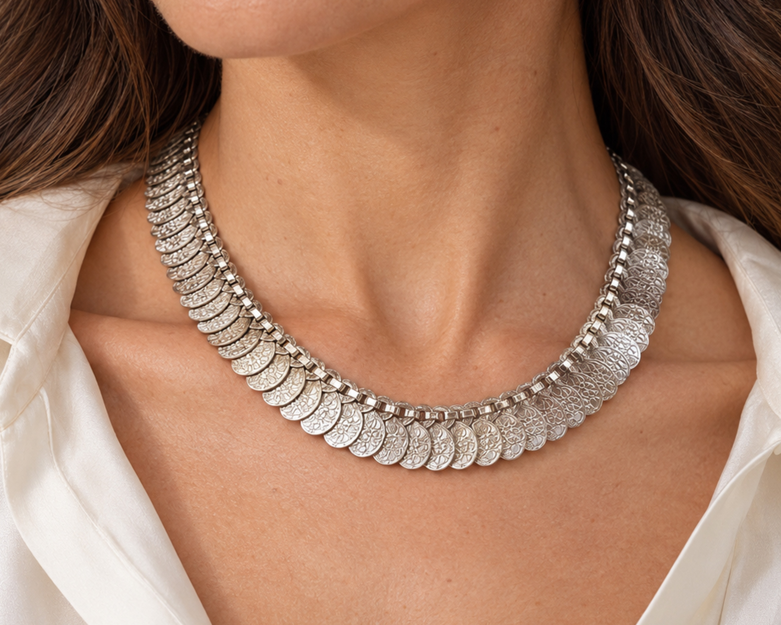 Elegant Silver Coin Choker Portrait