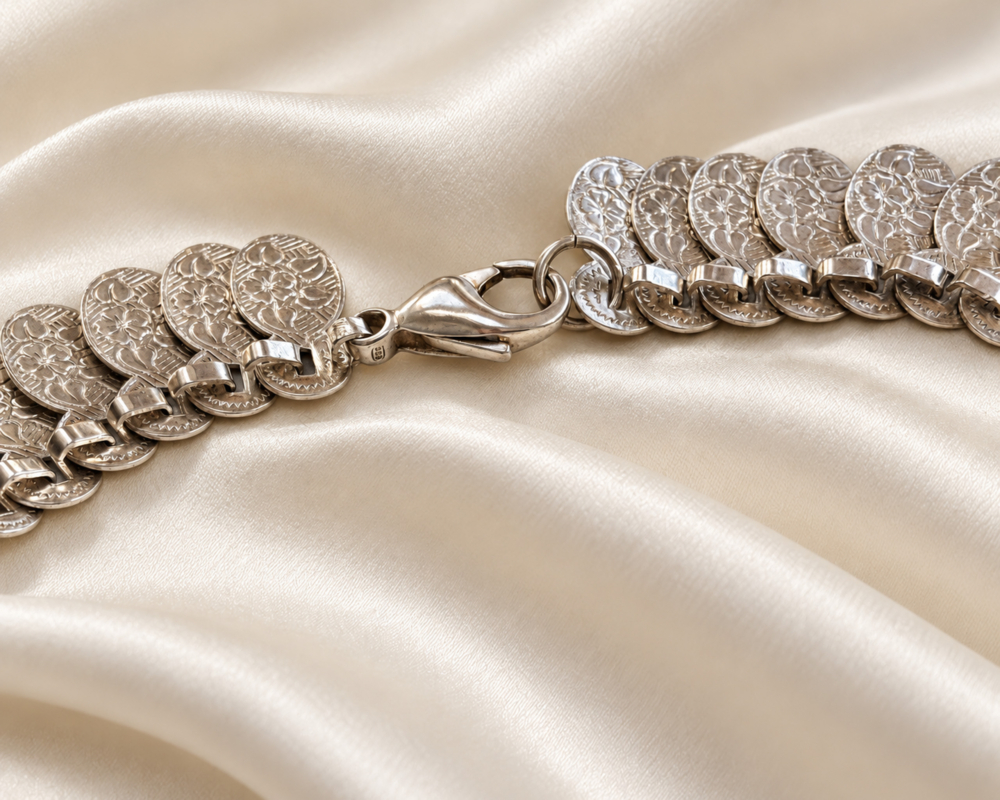 vintage silver coin necklace showing clasp