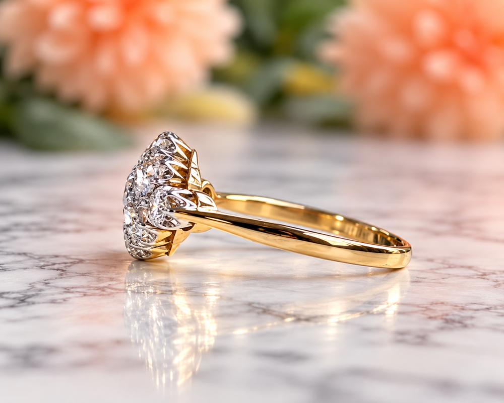 antique diamond daisy cluster ring 1ct in 18ct yellow gold and platinum for sale in Leeds showing side profile of the ring