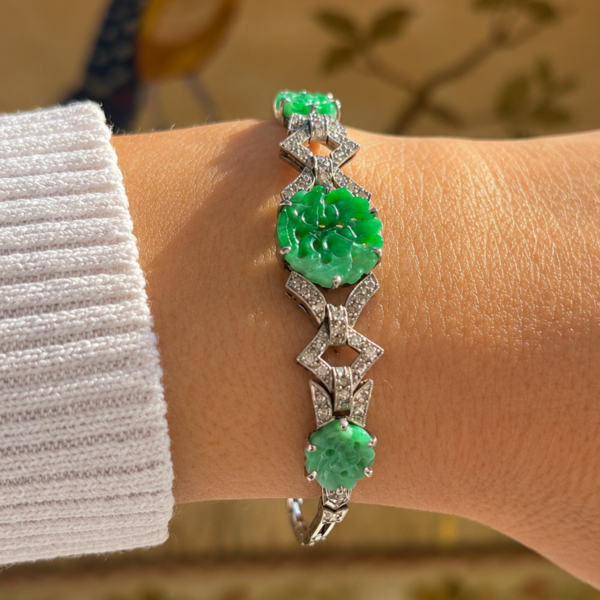 Art Deco jade and diamond bracelet for sale in Leeds shown on a model's wrist