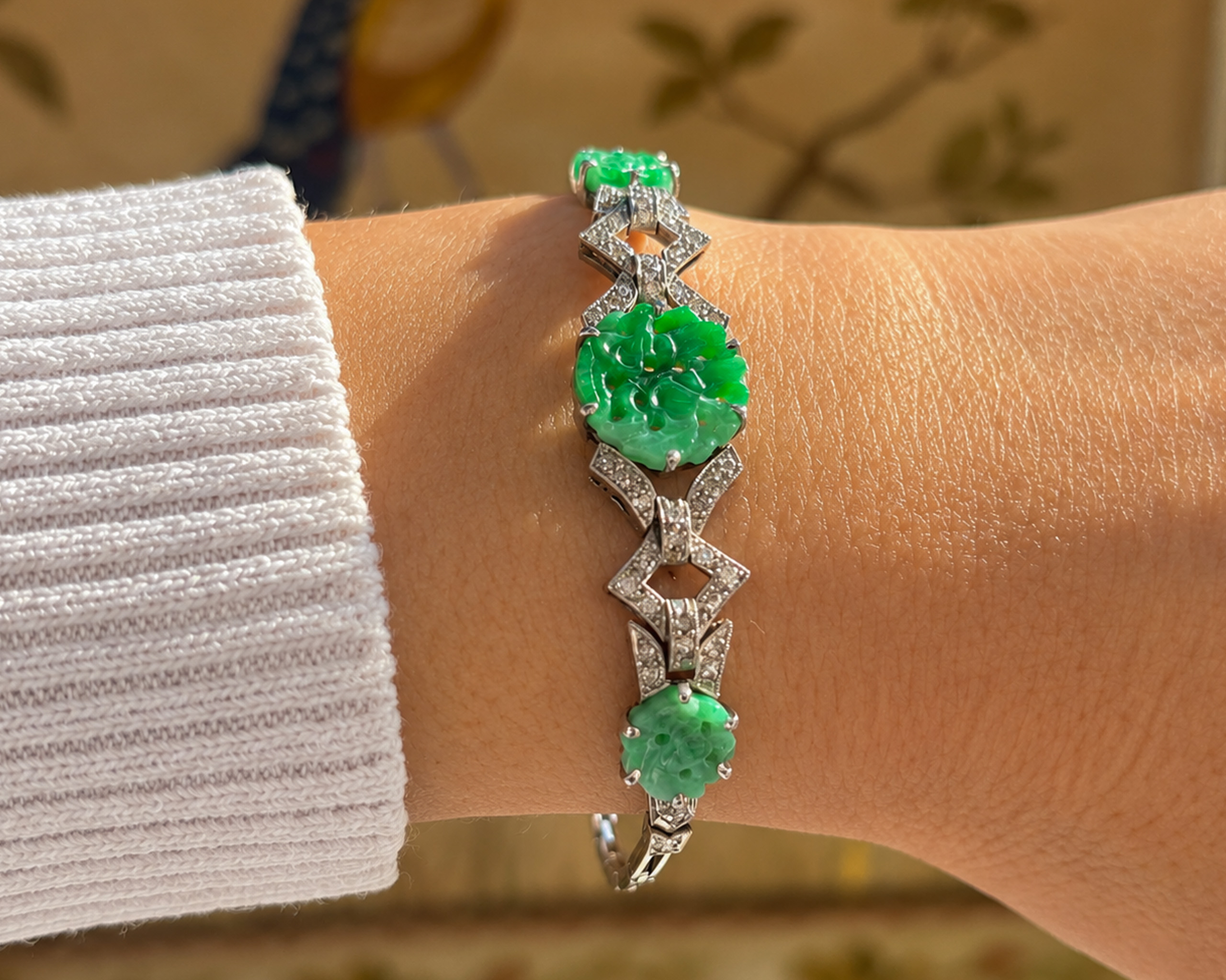 Jade and Diamond Bracelet on a wrist