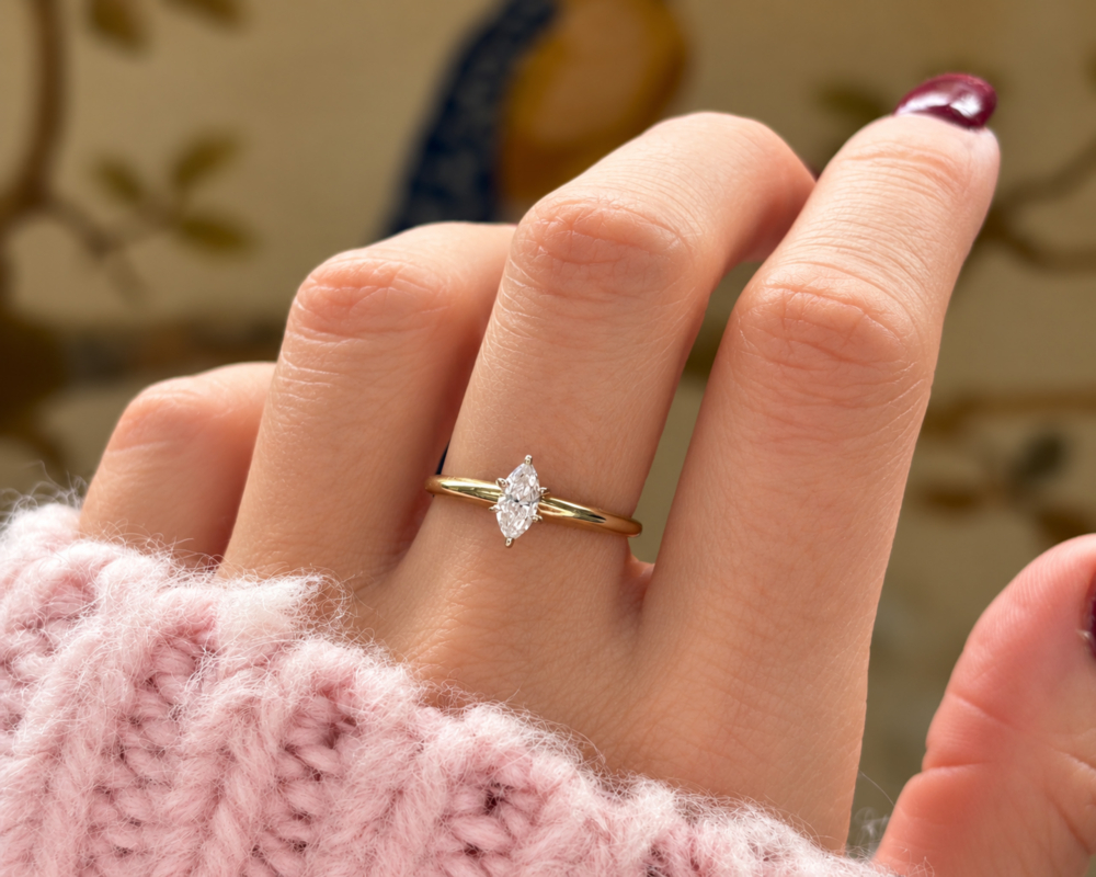 vintage marquise diamond ring 0.35ct in 14ct gold for sale in Leeds, shown on a woman's hand