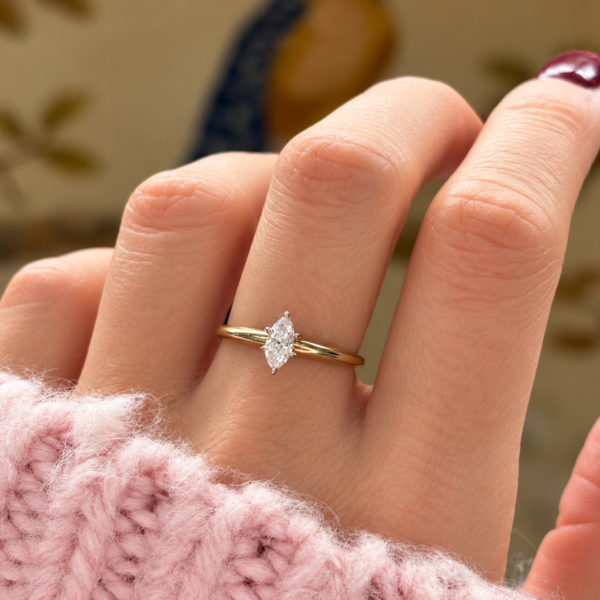 vintage marquise diamond ring 0.35ct in 14ct gold for sale in Leeds, shown on a woman's hand