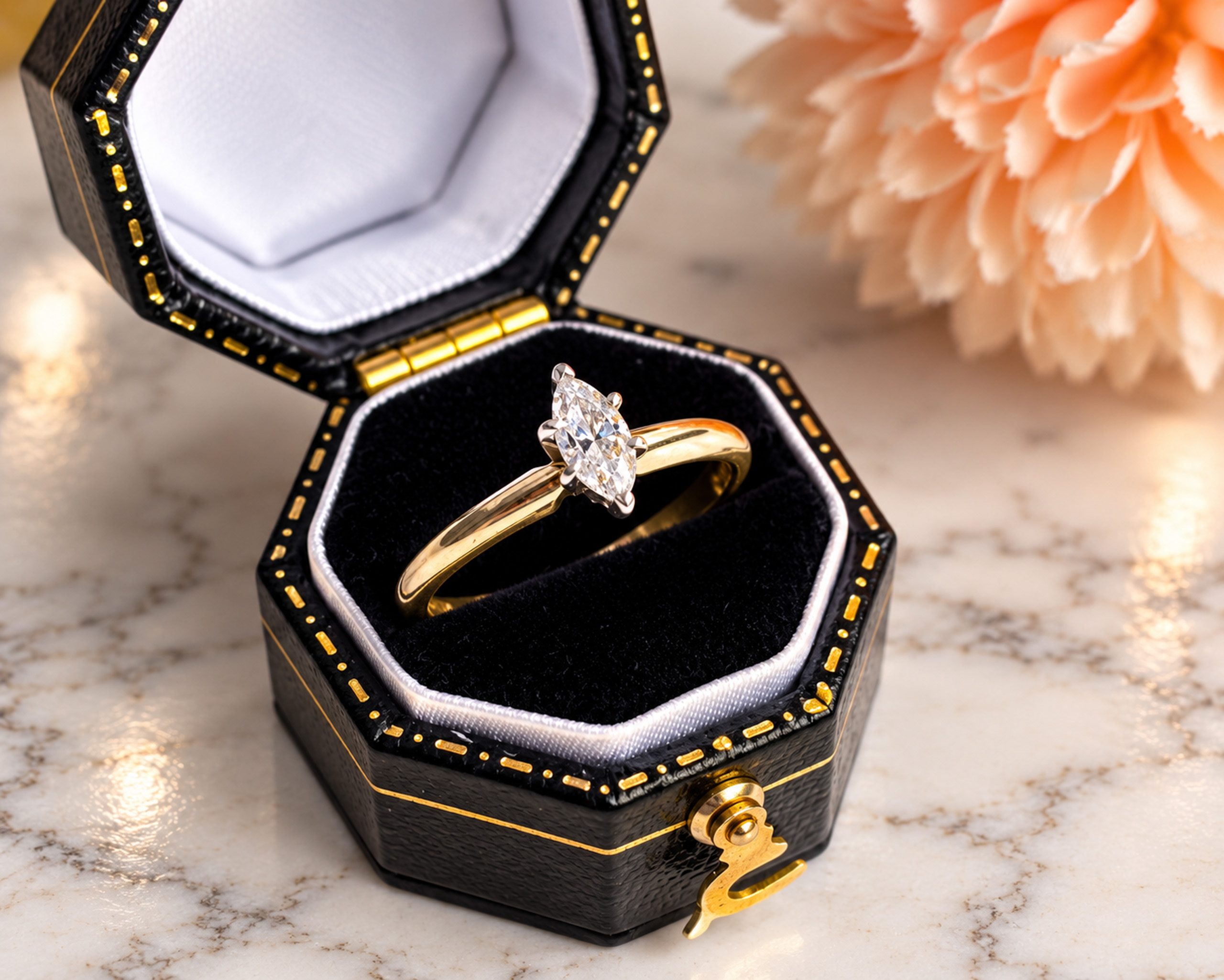 Marquise Diamond Ring in a Gold-Trimmed Box