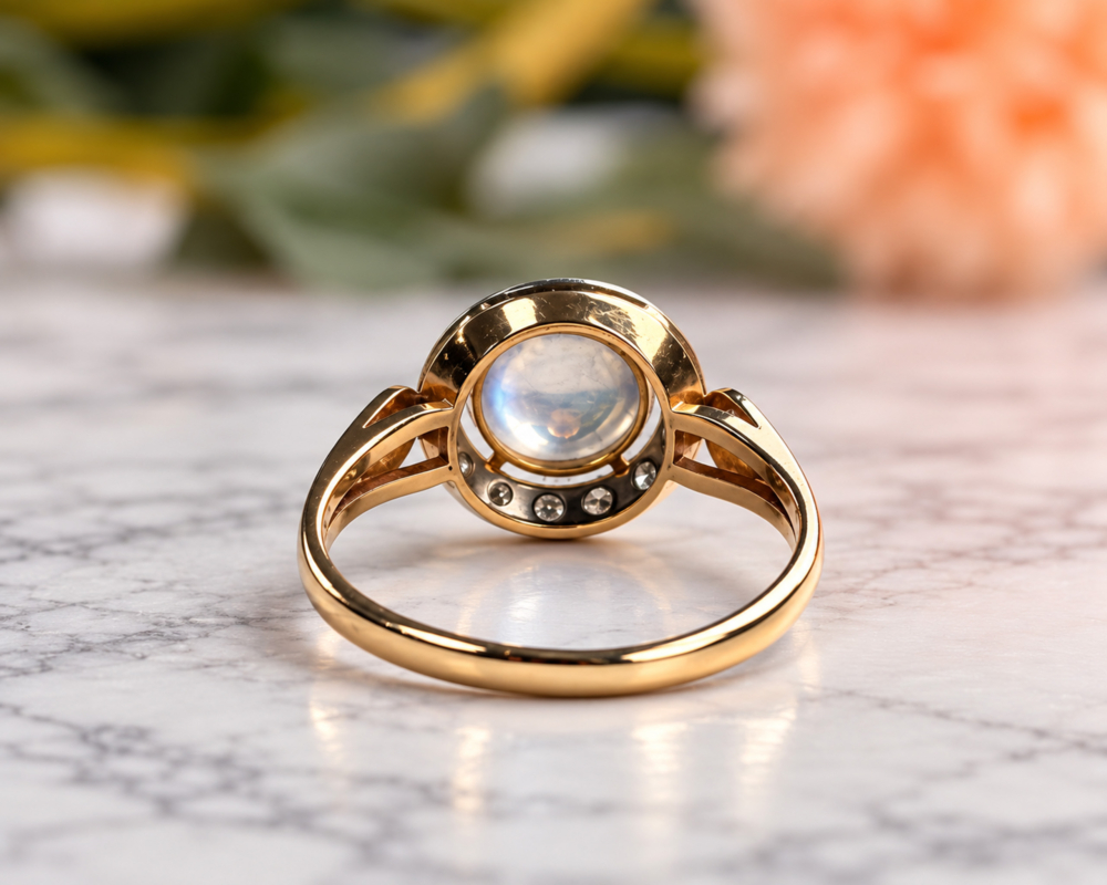 vintage 18ct moonstone and diamond halo ring for sale in Leeds showing rear profile of the ring