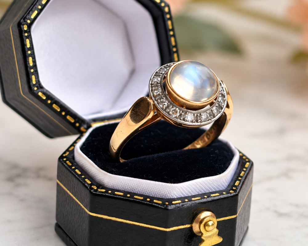 vintage 18ct moonstone and diamond halo ring for sale in Leeds in black ring box