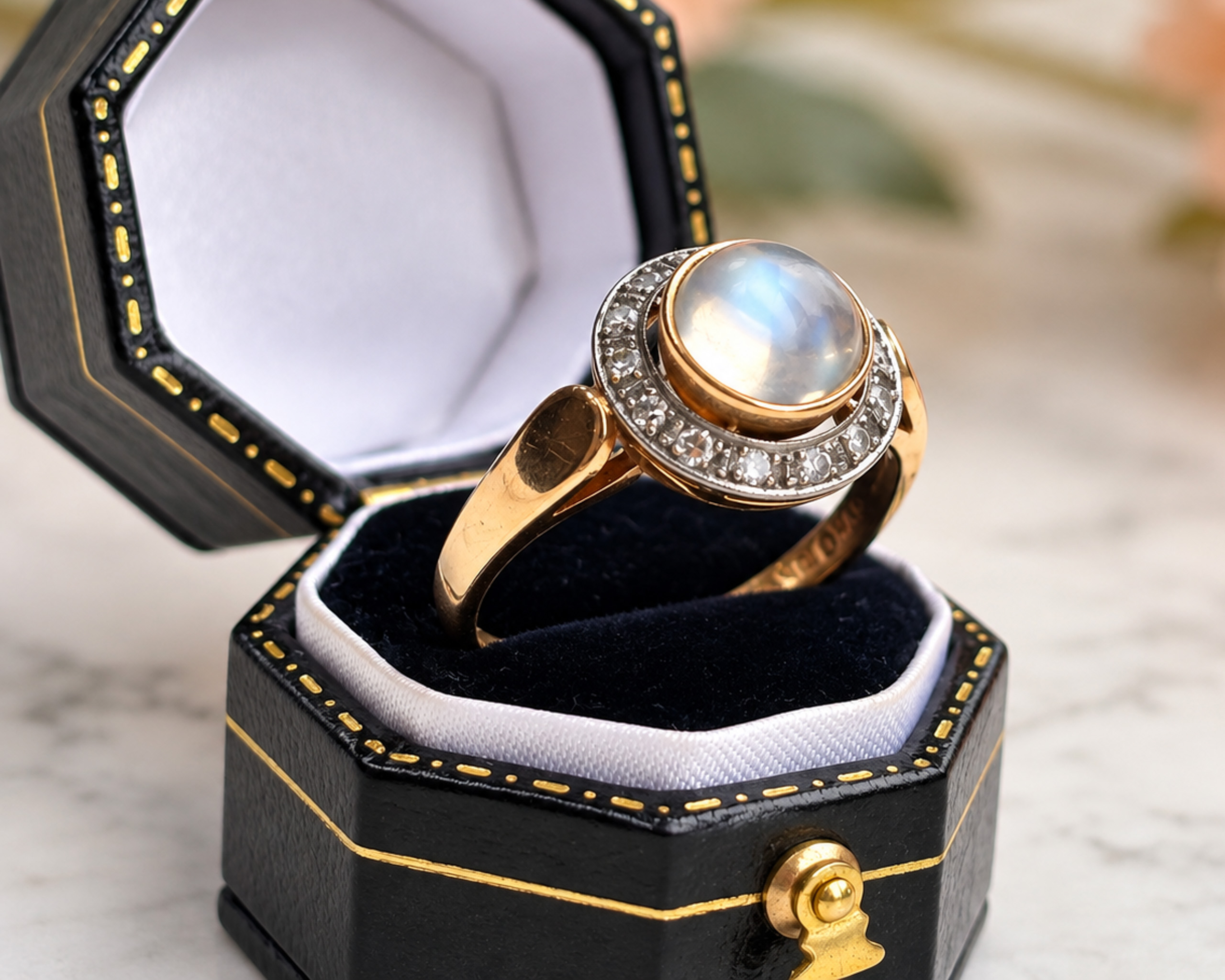 Moonstone Ring in Vintage Jewelry Box