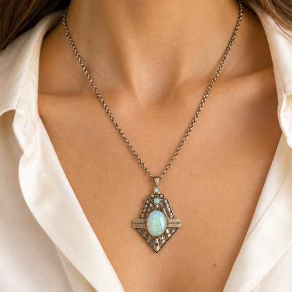 antique 1920s Egyptian Revival opal necklace shown on model's neck