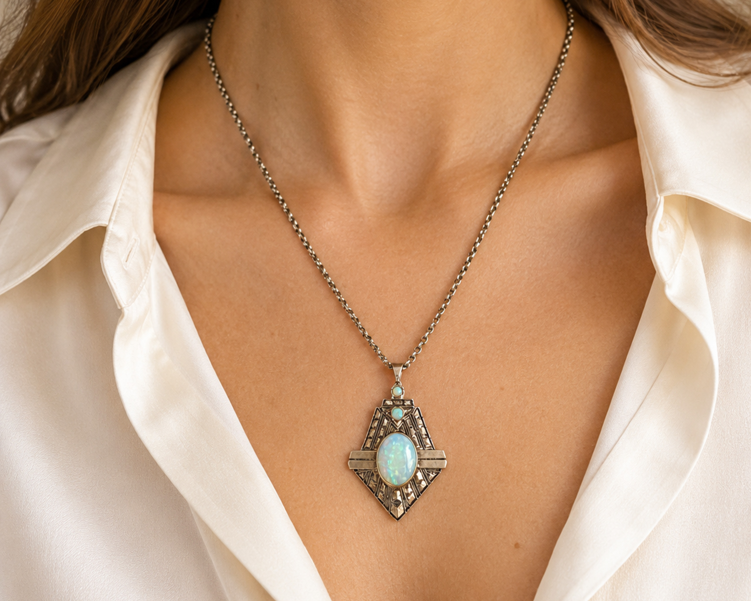 antique 1920s Egyptian Revival opal necklace shown on model's neck