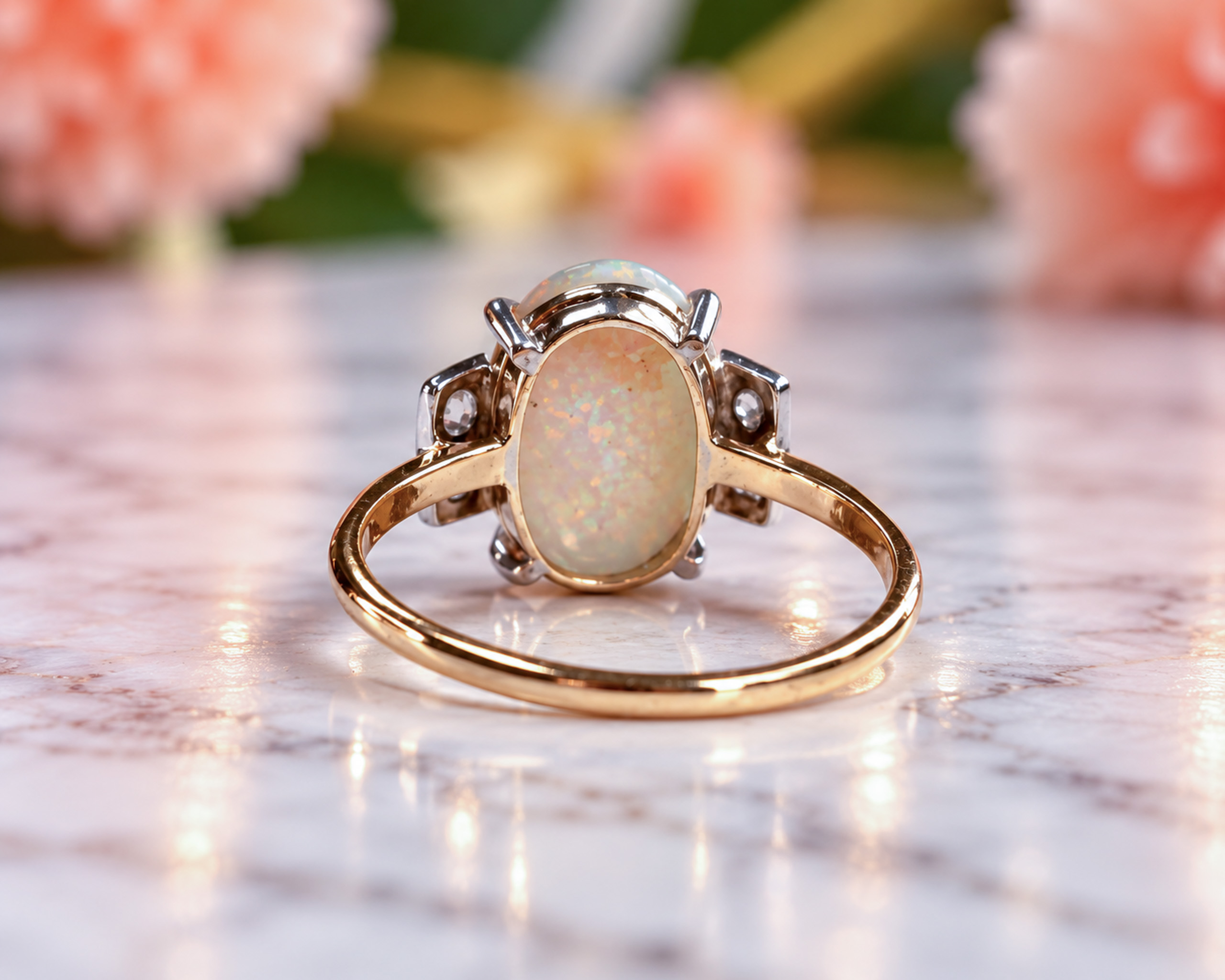 Opal Ring on Marble with Floral Bokeh