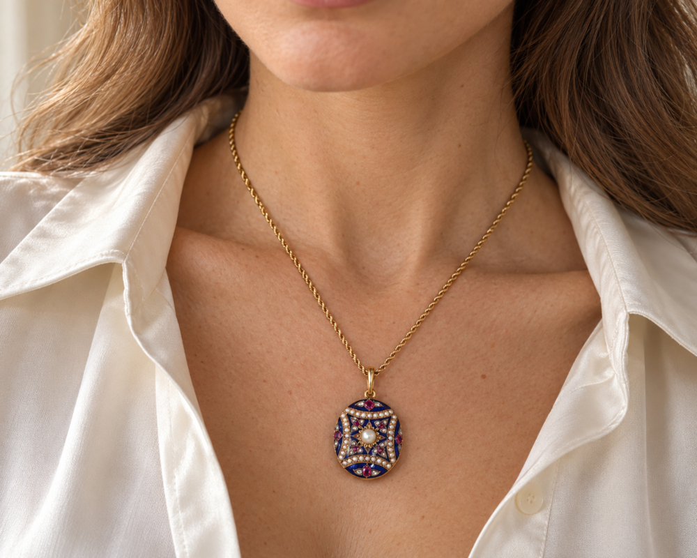 An antique Victorian 15ct gold blue enamel, rose cut diamond, seed pearl and ruby open backed locket on an 18ct gold 16 inch chain on a model' neck, wearing a white silk shirt