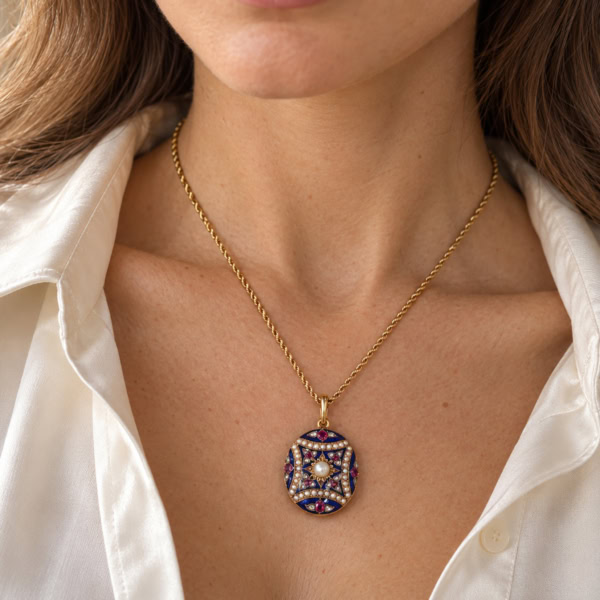An antique Victorian 15ct gold blue enamel, rose cut diamond, seed pearl and ruby open backed locket on an 18ct gold 16 inch chain on a model' neck, wearing a white silk shirt