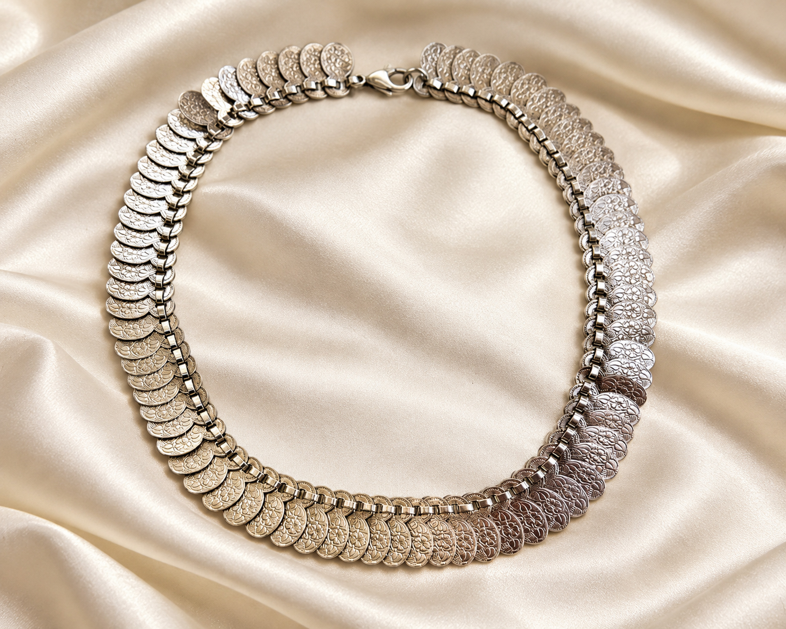 Ornate Silver Coin Necklace on Satin