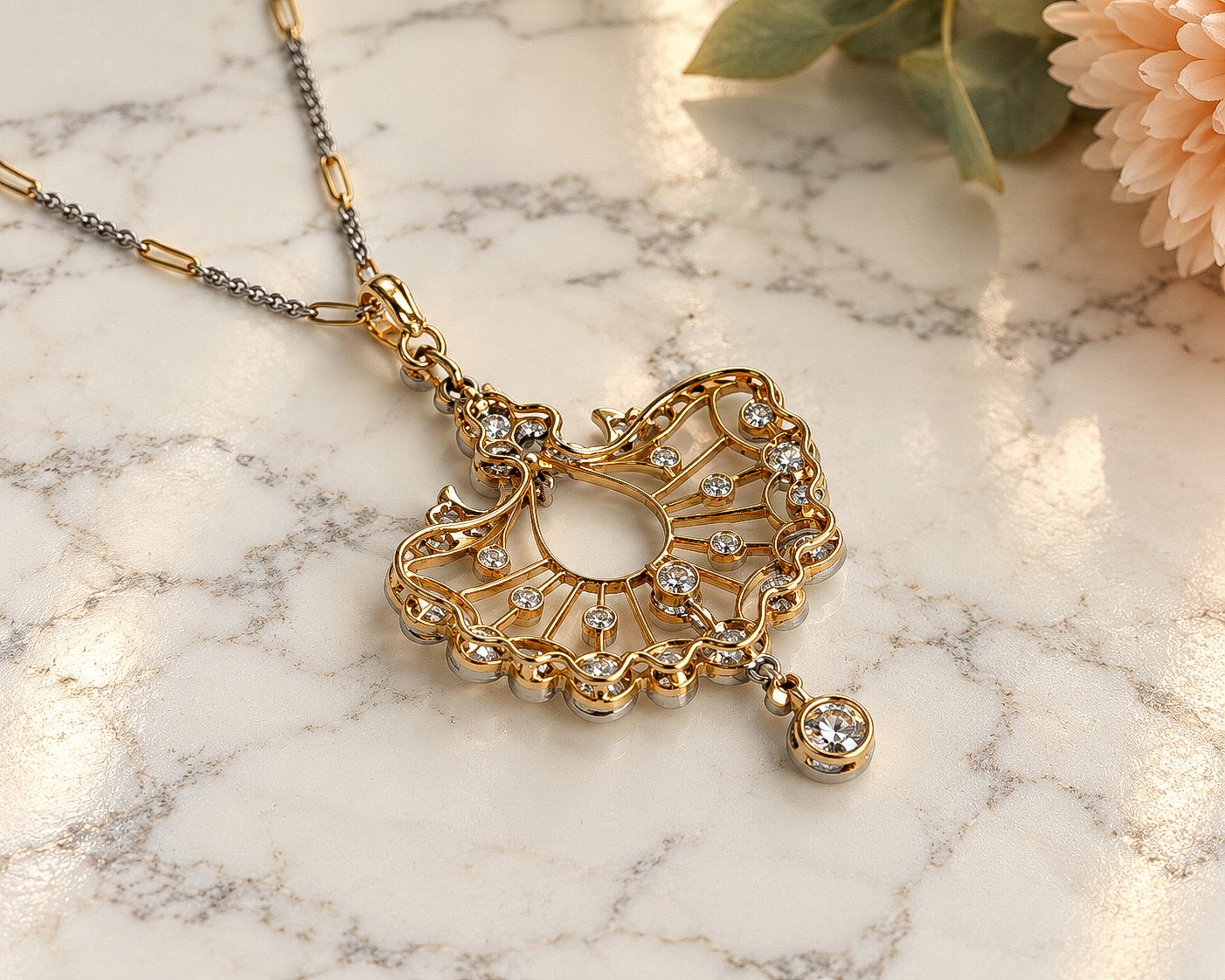 Ornate Two-Tone Diamond Pendant on Marble