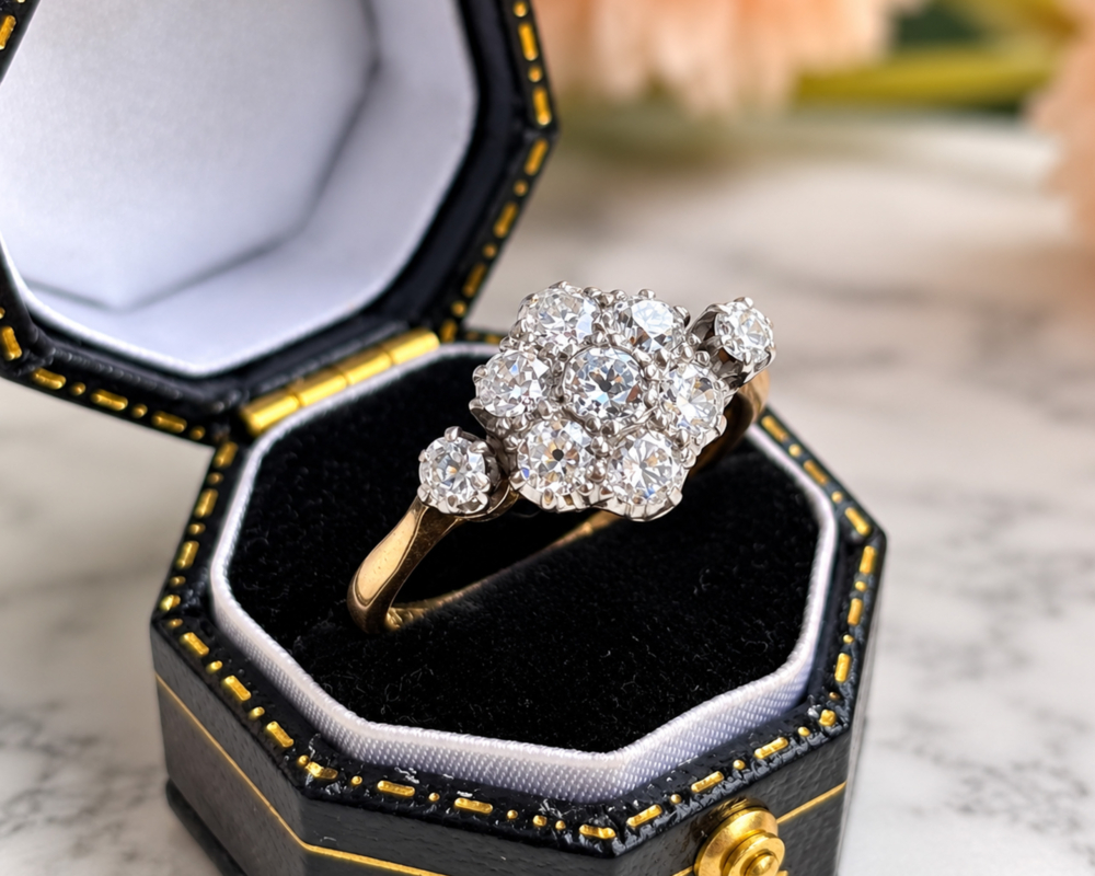 antique diamond daisy cluster ring 1ct in 18ct yellow gold and platinum for sale in Leeds, in a black ring box