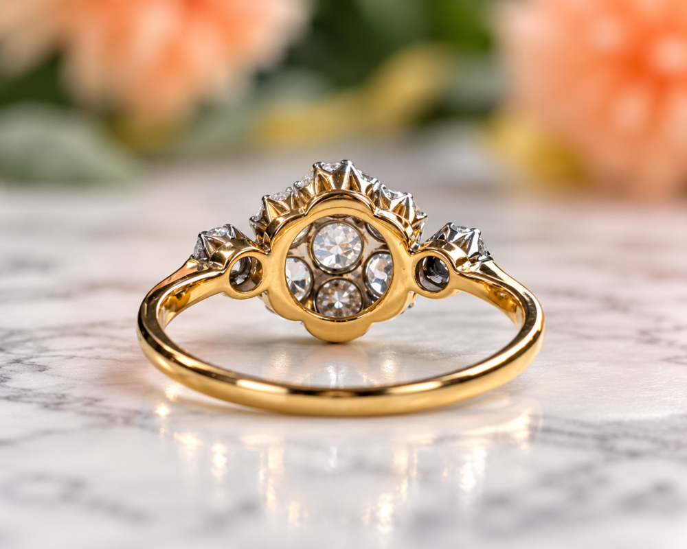 antique diamond daisy cluster ring 1ct in 18ct yellow gold and platinum for sale in Leeds showing the rear profile of the ring