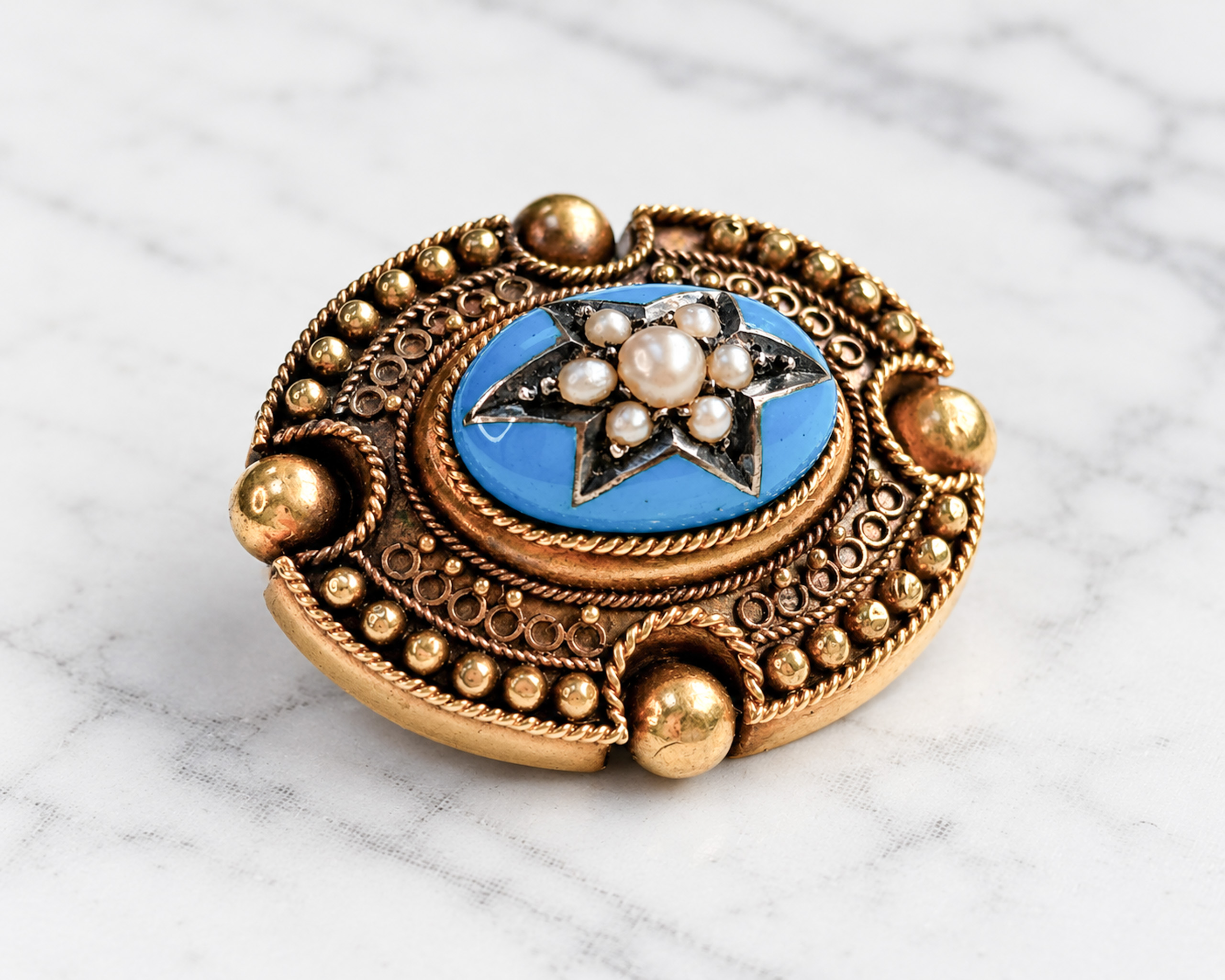 Victorian Etruscan Revival gold and enamel brooch