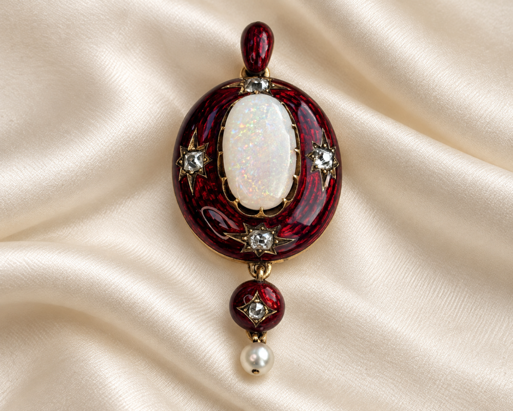 Victorian enamel and opal pendant on silk antique Victorian enamel and opal memorial pendant with old cut diamonds and seed pearl. For sale in Leeds