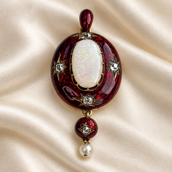 antique Victorian enamel and opal memorial pendant with old cut diamonds and seed pearl. For sale in Leeds