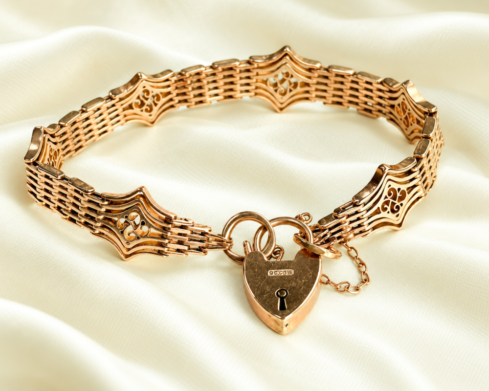 Victorian gold bracelet-2 Victorian 9ct gold bracelet with heart padlock for sale in Leeds