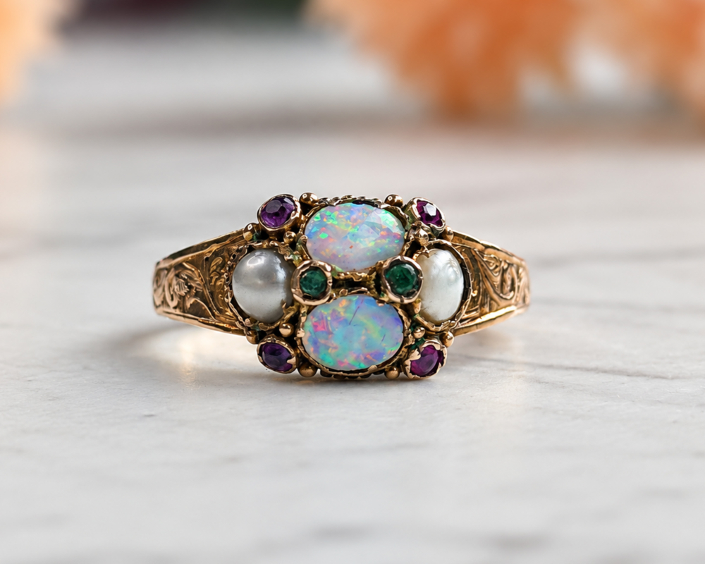 antique Victorian opal, amethyst, emerald and pearl ring in 15ct gold dated 1864 for sale in Leeds