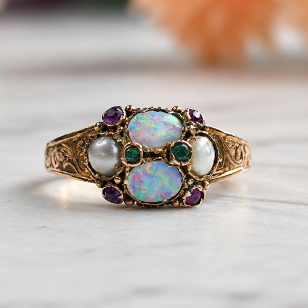 antique Victorian opal, amethyst, emerald and pearl ring in 15ct gold dated 1864 for sale in Leeds