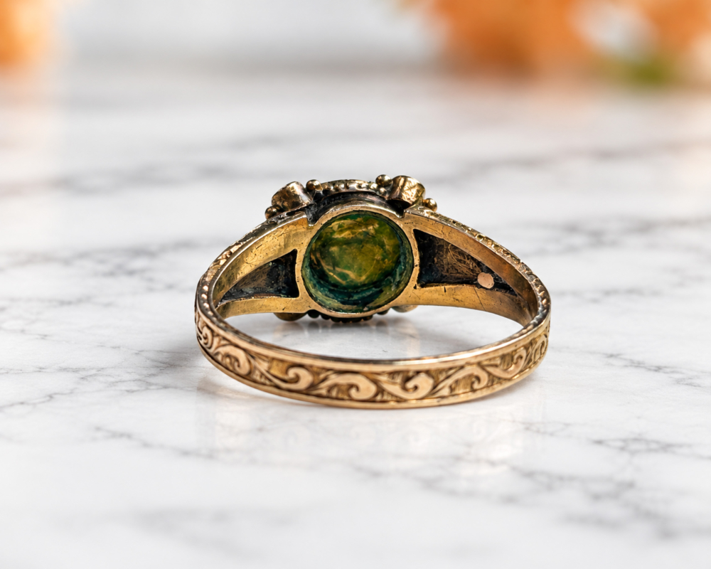 antique Victorian opal, amethyst, emerald and pearl ring in 15ct gold dated 1864 for sale in Leeds, showing the back of the ring