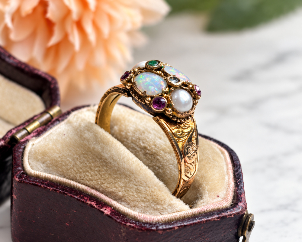 antique Victorian opal, amethyst, emerald and pearl ring in 15ct gold dated 1864 for sale in Leeds, in an antique ring box