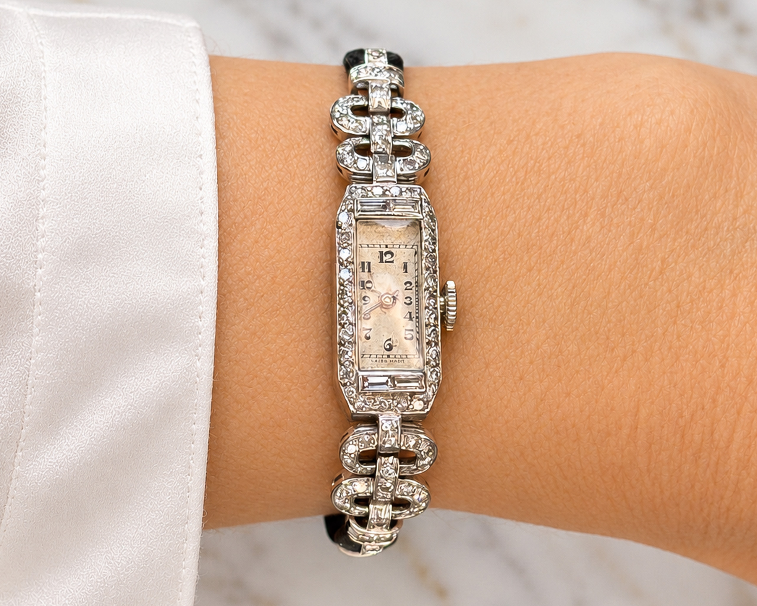 Vintage Art Deco Diamond Watch on Silk Cuff