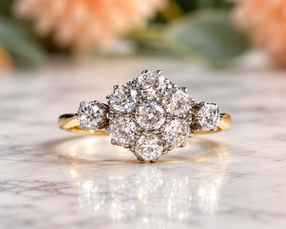Vintage Cluster Diamond Ring (1) antique diamond daisy cluster ring 1ct in 18ct yellow gold and platinum for sale in Leeds