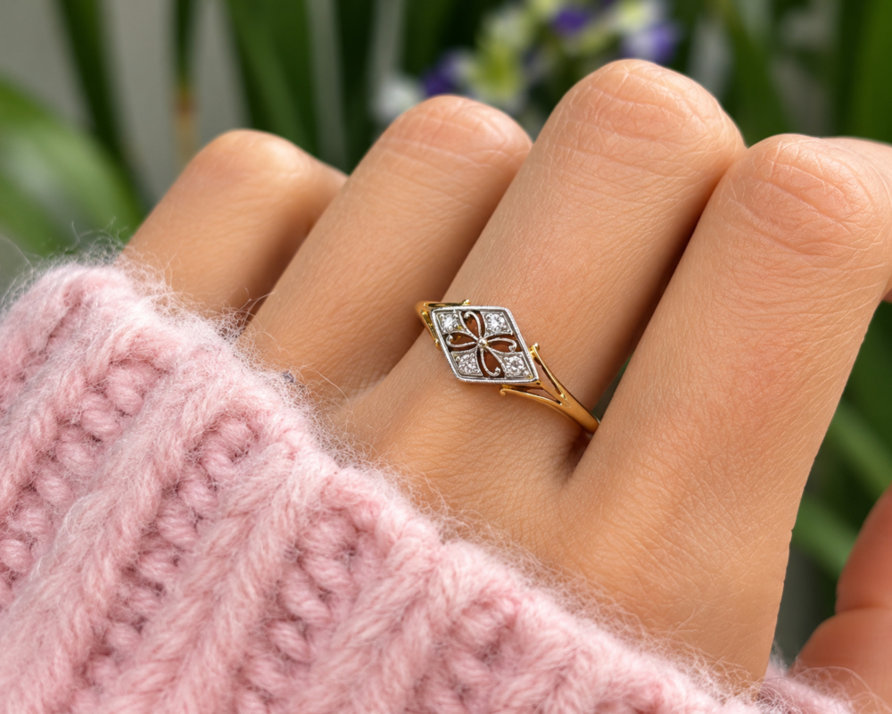 antique Art Deco diamond plaque ring for sale in Leeds, on hand