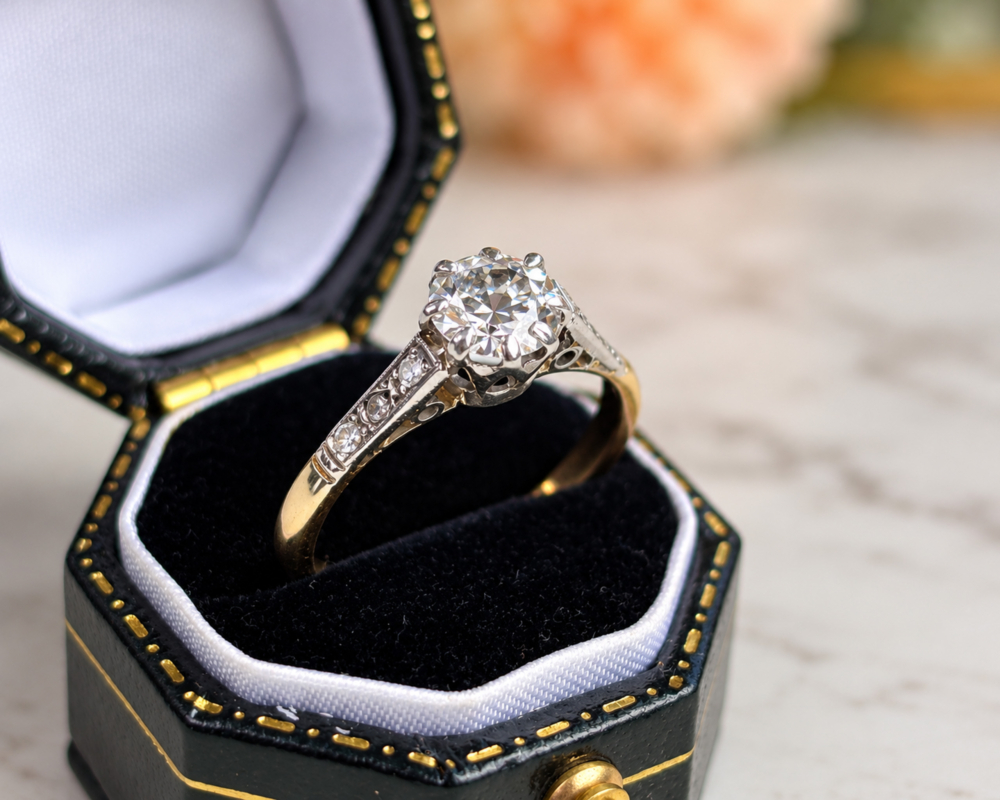 Vintage Diamond Ring in Velvet Box antique Art Deco diamond solitaire with diamond shoulders in 18ct yellow gold and platinum 0.7ct for sale in Leeds, shown in a black ring box