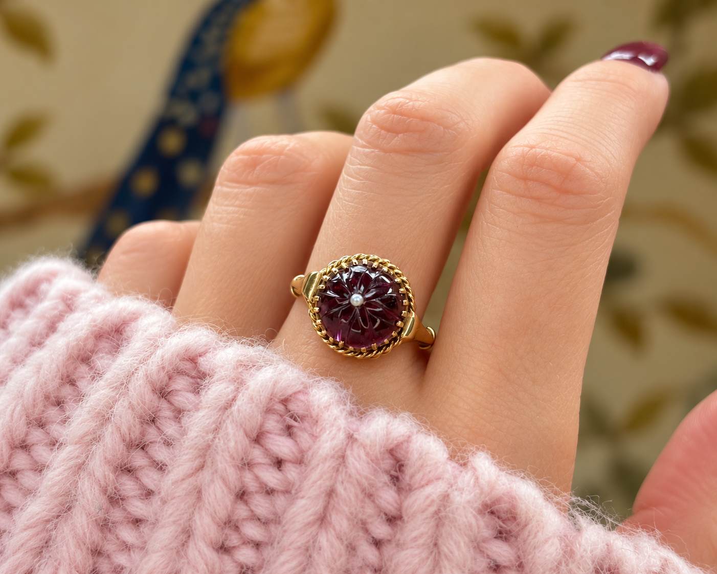 Antique Garnet Flower Ring Close-Up