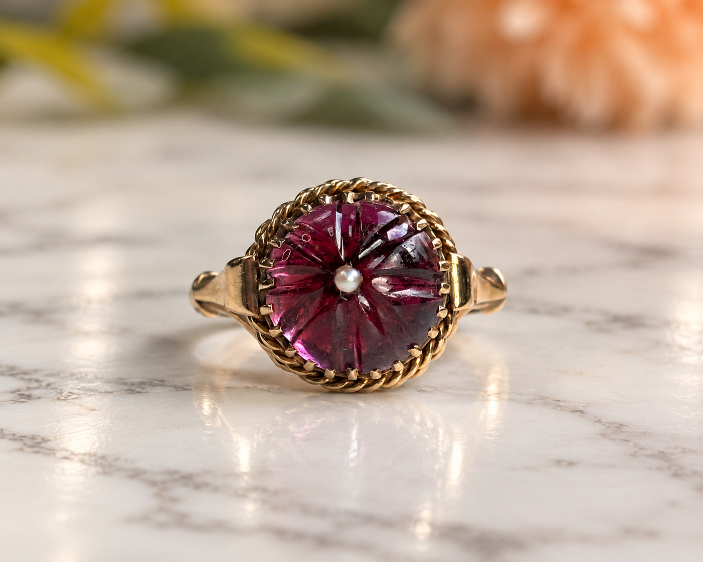 Antique Garnet Pearl Ring on Marble