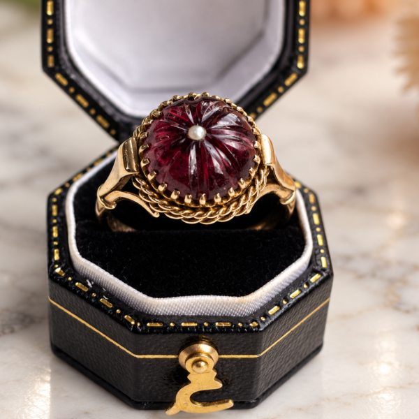 antique Victorian garnet and seed pearl ring in 15ct gold, in a black ring box
