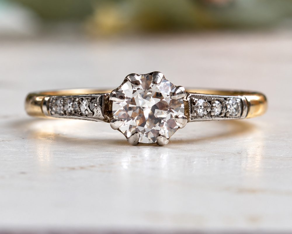 antique Art Deco diamond solitaire with diamond shoulders in 18ct yellow gold and platinum 0.7ct for sale in Leeds,