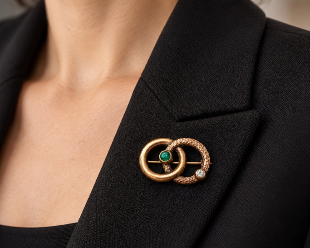 antique Victorian serpent brooch in gold with emerald and old cut diamond, shown on a lapel of a black jacket