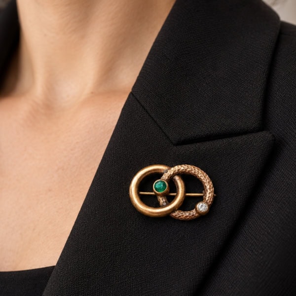 antique Victorian serpent brooch in gold with emerald and old cut diamond, shown on a lapel of a black jacket