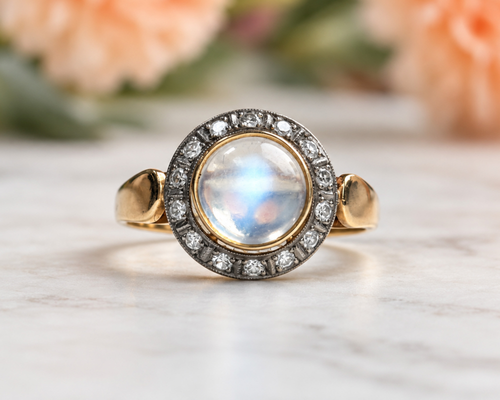 Vintage Moonstone Halo Ring vintage 18ct moonstone and diamond halo ring for sale in Leeds